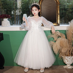 女童連衣裙白色2024新款洋氣禮服夏季女孩公主裙蓬蓬紗裙兒童裙子