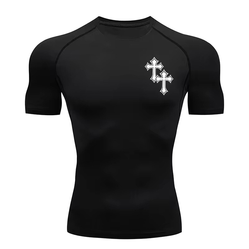 Men's Cross-Print Compression Shirt Y2K Sports Quick-Dry T-Shirt Top for Gym Workout Running Base Layer Men's Cross-Print Compression Shirt Y2K Sports Quick-Dry T-Shirt Top for Gym Workout Running Base Layer