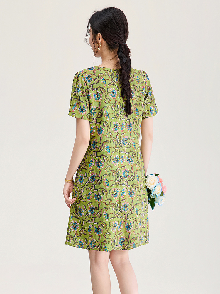 Đầm maxi nữ thắt eo tay ngắn họa tiết vintage chất lụa tơ tằm phối sợi gai — xanh lá cây