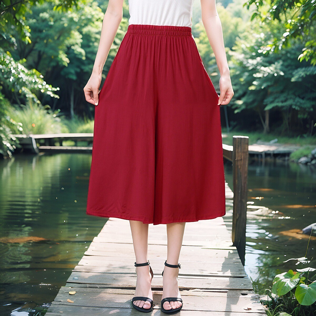 Summer Middle-Aged and Elderly Cotton Silk Cropped Pants Large Size Elastic Waist Mom Wear Casual Outer Wear Loose Wide Leg Pants for Women