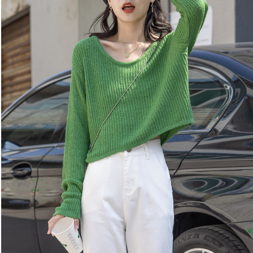 Clavícula corta camiseta de punto para mujeres 2025 primavera nuevo hueco vento perezoso blusa de color sólido camiseta de manga larga suelta image 1