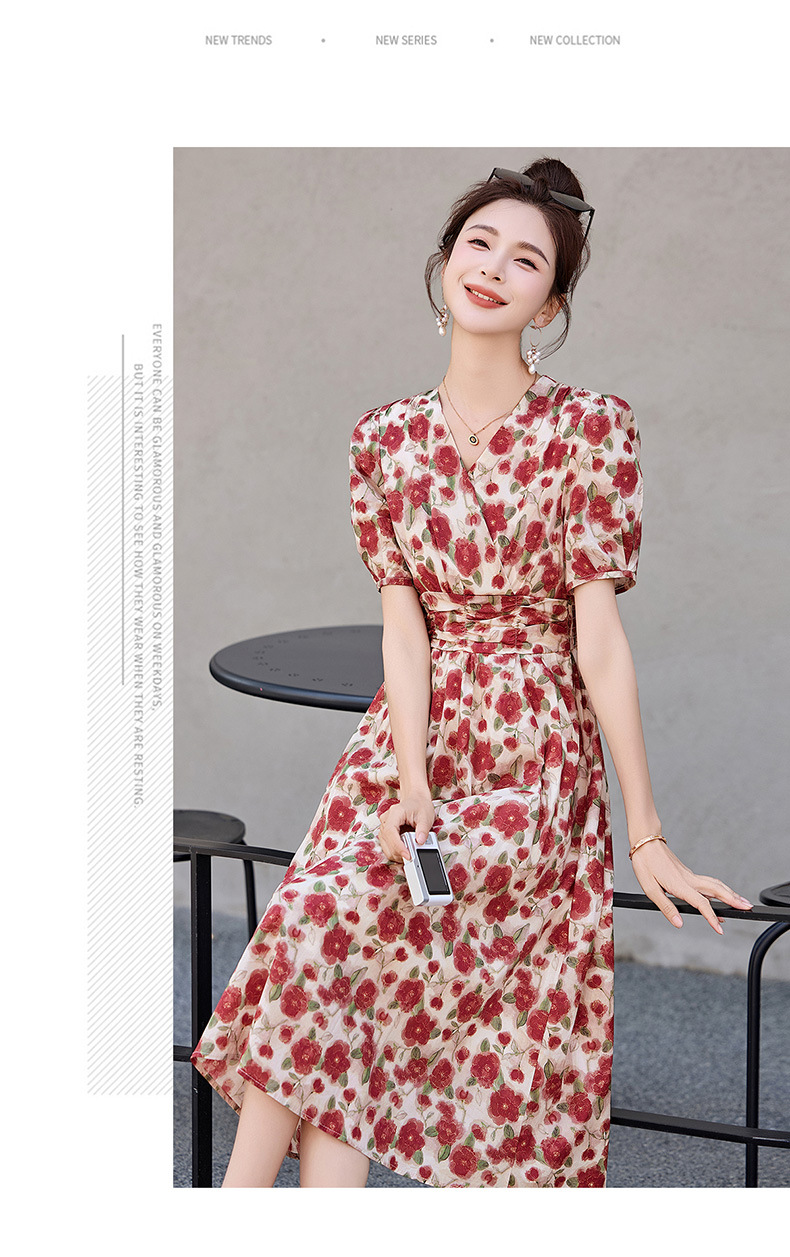 Đầm maxi nữ thắt eo cổ V in họa tiết thanh lịch — màu đỏ chi tiết 14