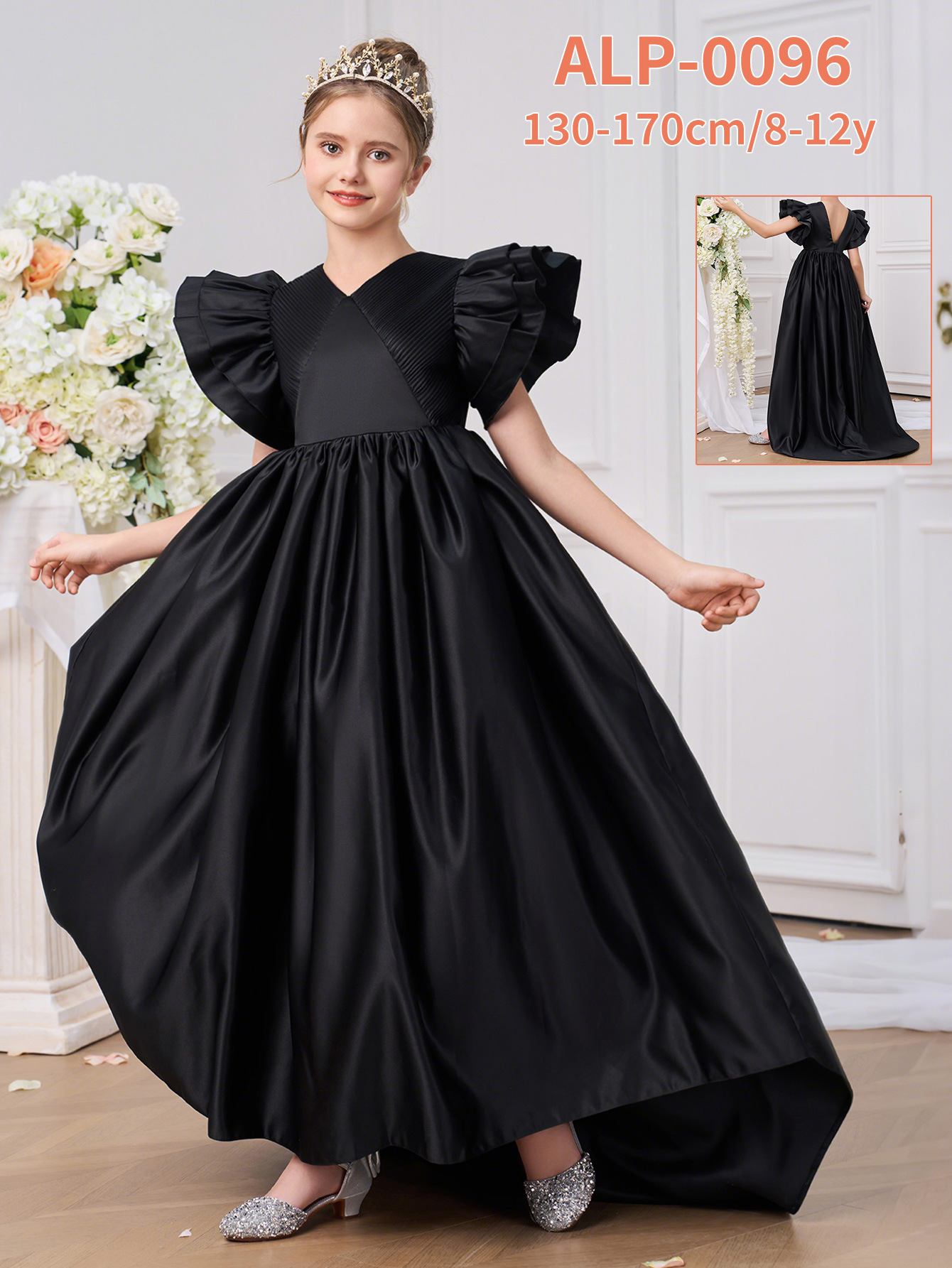 Nuevo vestido de niñas de cuello en V vestido de niño vestido de caída vestido de cola vestido vestido vestido de espectáculo