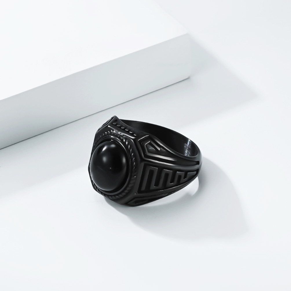 Herren Ring Aus Titanstahl Im Retro Design Mit Schwarzem Stein_voghion.com