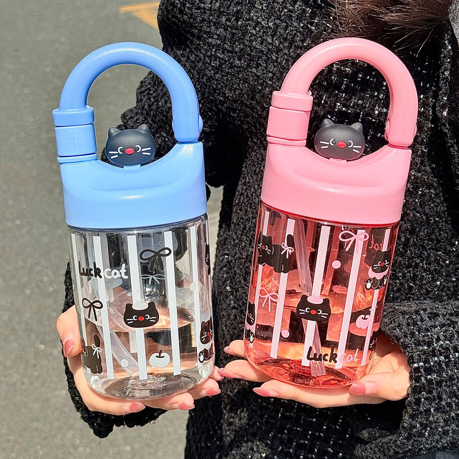 新款猫咪吸管太空杯 儿童塑料水壶户外手提便携运动杯子男女生