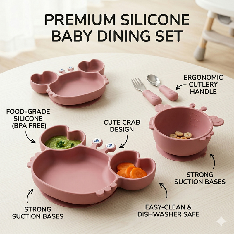 Cross-Border 4Pcs Silicone Crab Children's Dinner Plate Set Baby Suction Cup Anti-Fall Feeding Bowl Spoon Baby and Mother Supplies