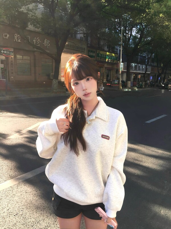 简约休闲POLO领长袖卫衣女春秋新款宽松显瘦美式复古白灰色上衣潮|undefined