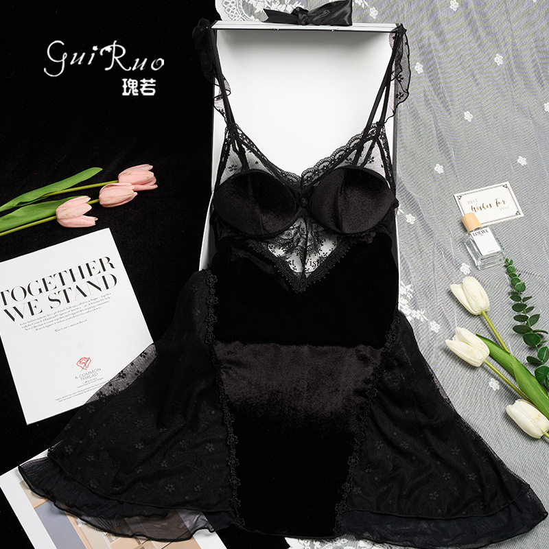 Rose Velvet Lace with Breast Pads, Deep V-Neck, Seductive Embroidered Mesh Patchwork Women's Camisole Home Wear Nightgown M6906