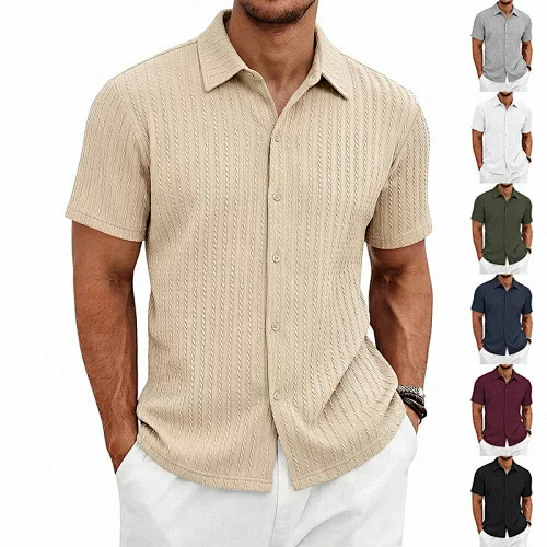 Cross-Border European and American Men's Casual Jacquard Shirt Men's Summer Solid Color Lapel Breathable Men's Short-Sleeved Polo Shirt