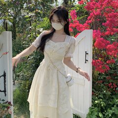 法式白色连衣裙女夏季小个子纱裙蛋糕蓬蓬公主仙女长裙裙子小白裙