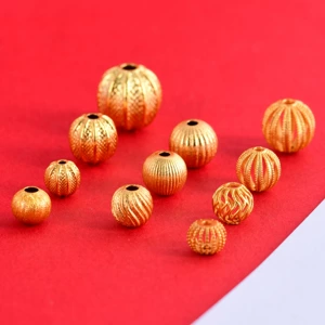 24K Gold-Plated Brushed Gold Beads Spacer Beads Bracelet Accessories Vintage Round Beads DIY Jewelry Bracelet Hollow Design Strong Color Retention