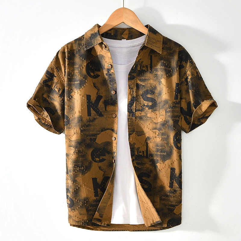 2192 Модная рубашка с короткими рукавами и лацканами с буквенным принтом, нишевая высококачественная повседневная рубашка, дропшиппинг