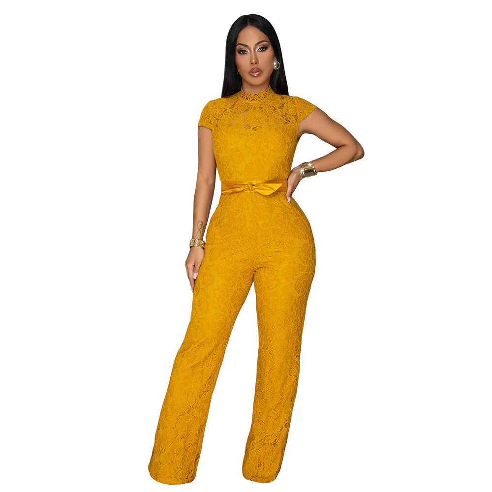 Elegant Lace Jumpsuit With Wide-Leg Design European Style Round-neck Short-sleeved Lace One-piece Pants For Women_ecoleips.com