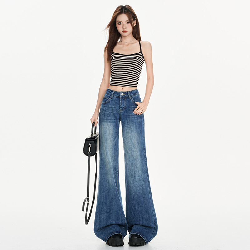 Heavy-Duty Bamboo Pattern Super Retro Blue American-Style Low-Waist Wide-Leg Flared Jeans with Good Fit & Extended Length Heavy-Duty Bamboo Pattern Super Retro Blue American-Style Low-Waist Wide-Leg Flared Jeans with Good Fit & Extended Length