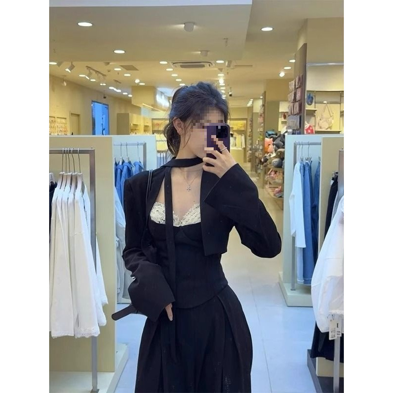 春夏季一整套新品感短款黑色西装外套抹胸上衣休闲阔腿裤套装裤子|undefined