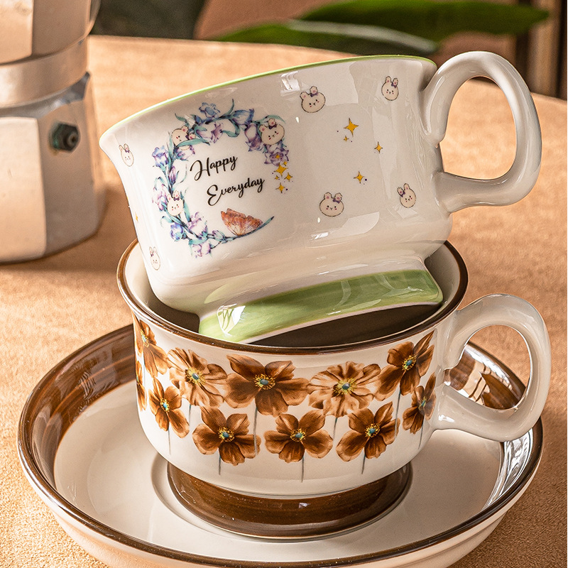 Tazas de café medievales finlandesas pintadas a mano marrón de cerámica tazas de latte tazas de cerámica platos caja de regalo