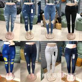 Women's jeans with high elasti跨境外贸欧美弹力破洞高腰女牛仔