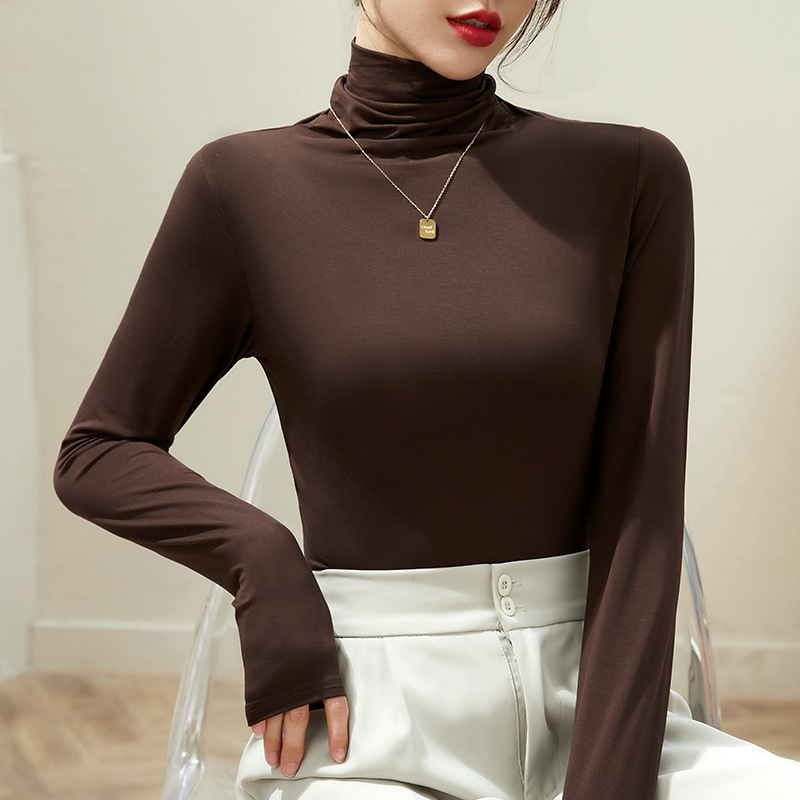 Spring Wear Thin High Collar Base Shirt Women's Modal Inner Long-Sleeved T-Shirt Slim-Fit Piled Collar brown Top Small Shirt
