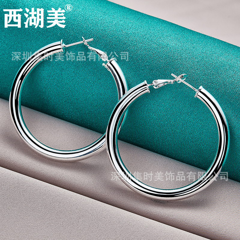 光面圆柱耳圈银耳环女饰品西湖美首饰