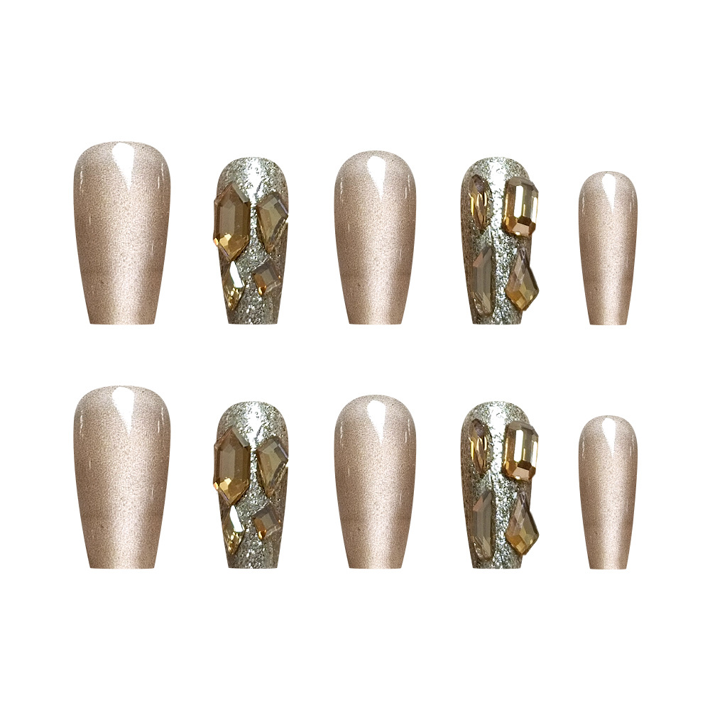 Champán de uñas de uñas de diamantes completos, pegatinas de uñas de ojo de gato de color marrón con leche simple, 10 piezas de uñas de vestir hechas a mano