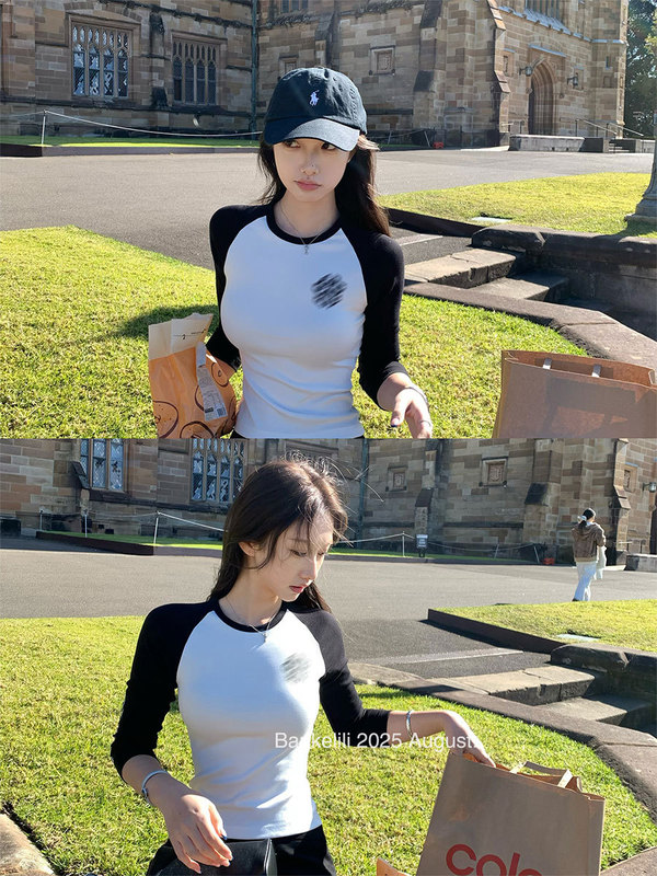 板栗可可Bankelili'神秘腔调'克*芯梵文印花修身紧身插肩袖T恤女|undefined