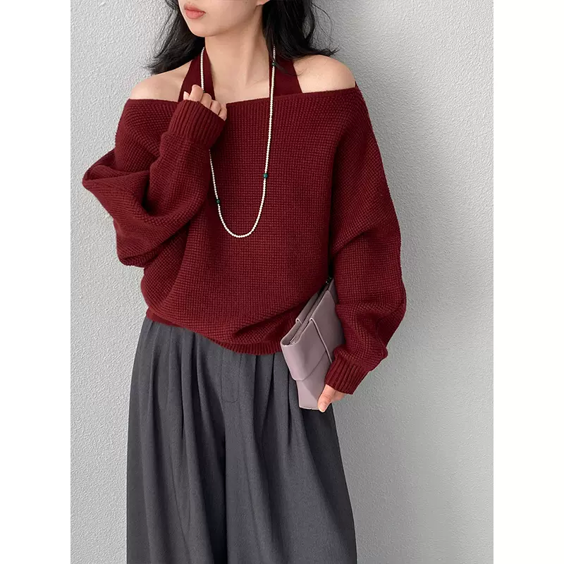 江左  法式高级感挂脖长袖套装女时尚减龄别致毛衣厚款两件套 767