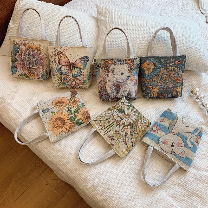 2024 Double-sided Embroidered Gold Silk Handbag Women's Bag Jacquard Handbag Ethnic Style Shoulder Bag Work Casual Zipper