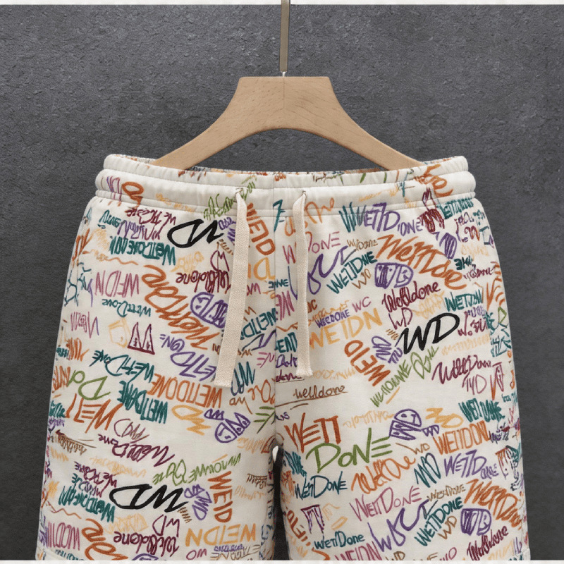 Retro Full Print Graffiti Lettering Men's Summer Shorts, High Street Loose Fit Straight Leg 5-Point Shorts_viptrois.com