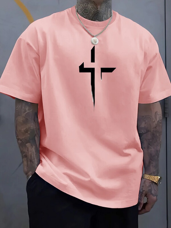 Summer Men's Casual Loose Plus-Size Cross-Over Creative Print Sports Comfortable Round Neck Short-Sleeved T-Shirt
