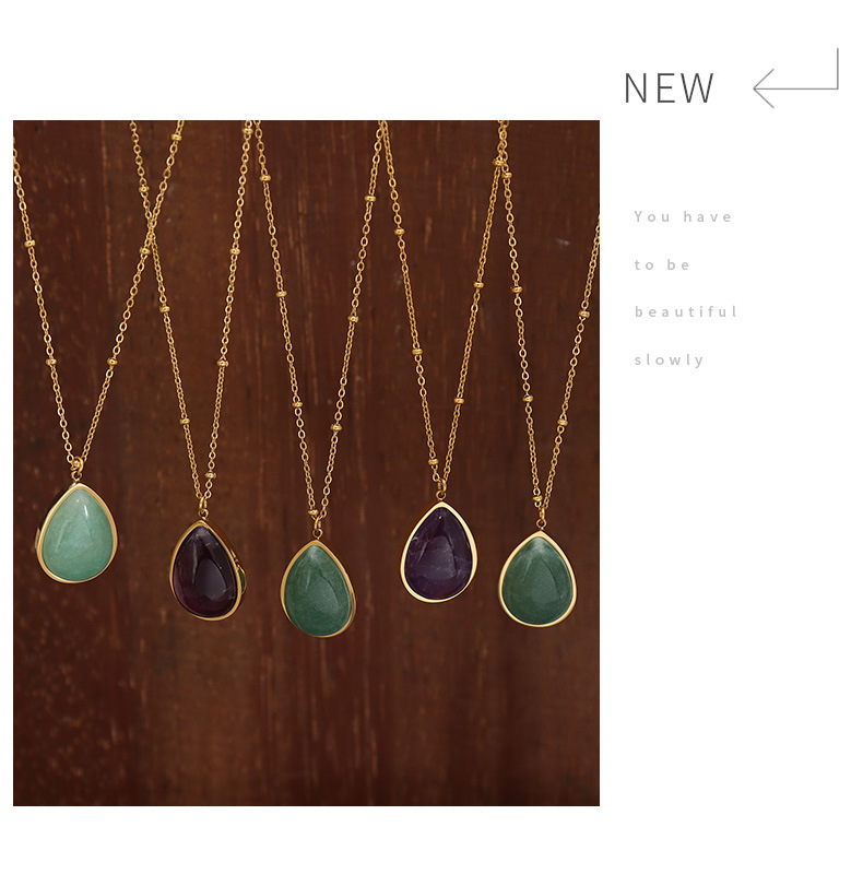 Ethnic Style Oval Titanium Steel Necklace Artificial Gemstones Stainless Steel Necklaces_colorza_9