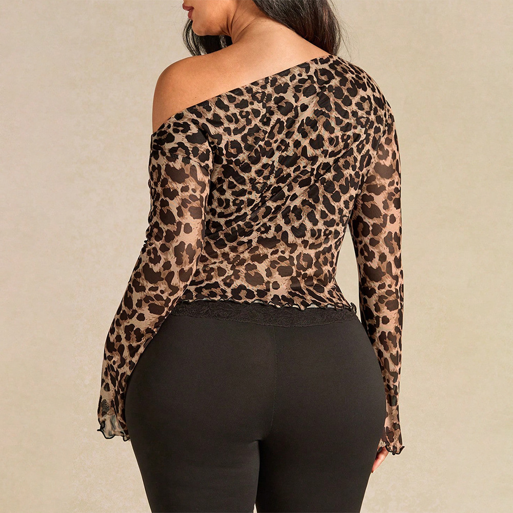 Brand Women’s Leopard Print Asymmetric One Shoulder Mesh Top, Flare Long Sleeve Slim Fit Sheer Blouse For Club Night Daily Casual Wear_ecoleips.com
