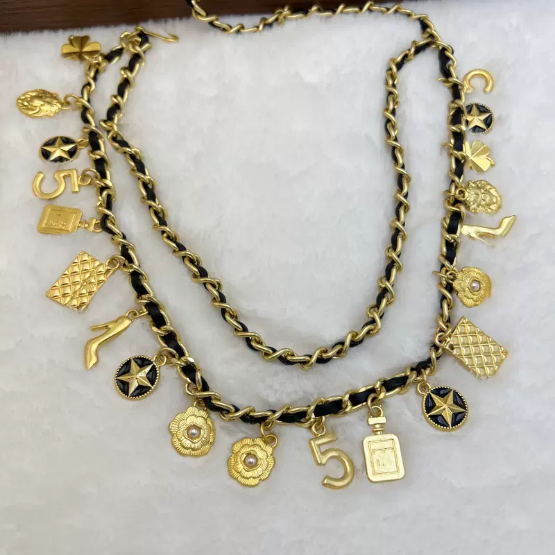 中古vintage真金电镀黑色珐琅皮子编织腰链复古腰带复古风