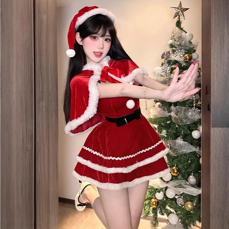 2026 Christmas Uniform Sexy Red Santa Claus Cosplay Internet Celebrity Female Streamer Suspender Dress Set