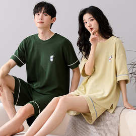 新款夏天情侣睡衣纯棉短袖短裤套装男女式纯色家居服休闲时尚薄款