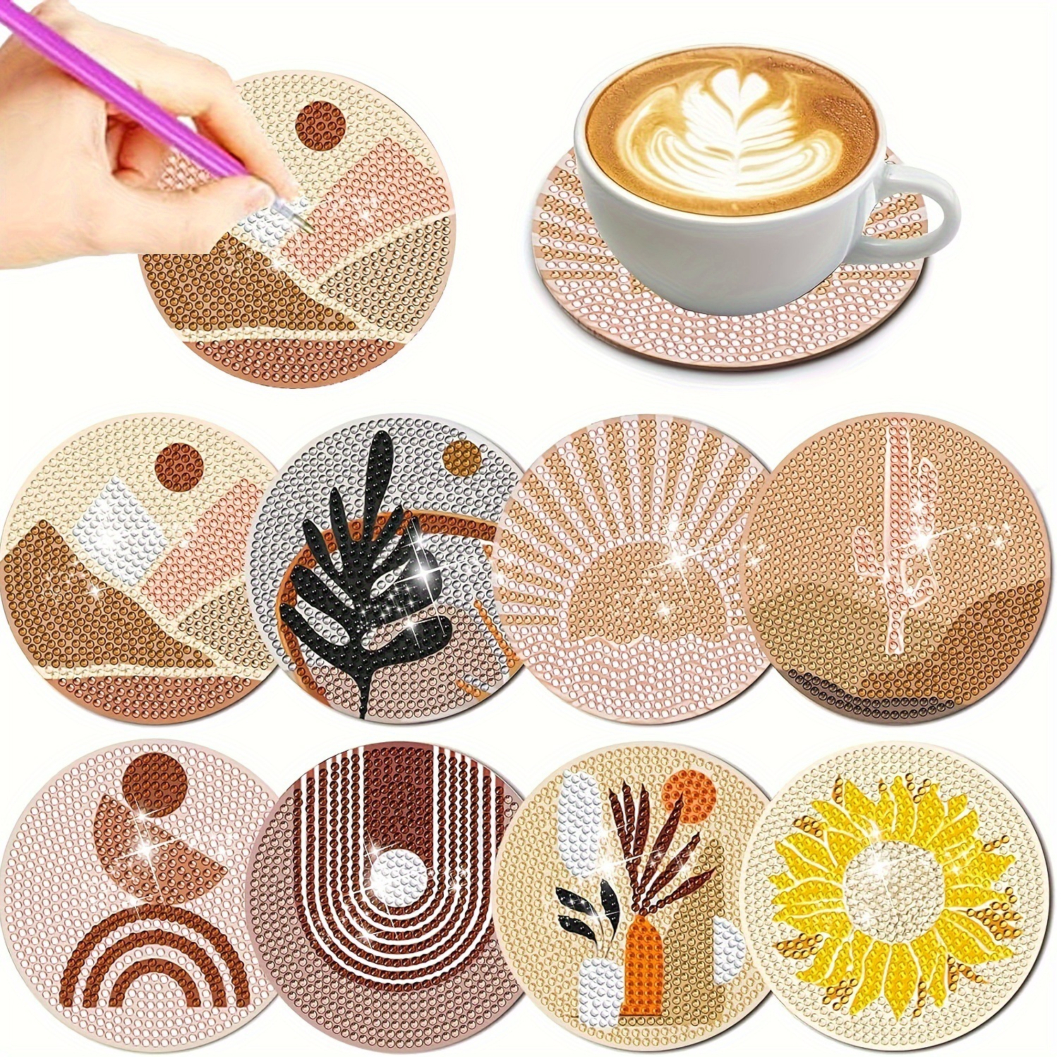 Ventas transfronterizas calientes de 8 piezas de conjunto de cojín de taza de arte de diamante, con soporte, pequeño conjunto de pintura de diamante, adecuado para adultos
