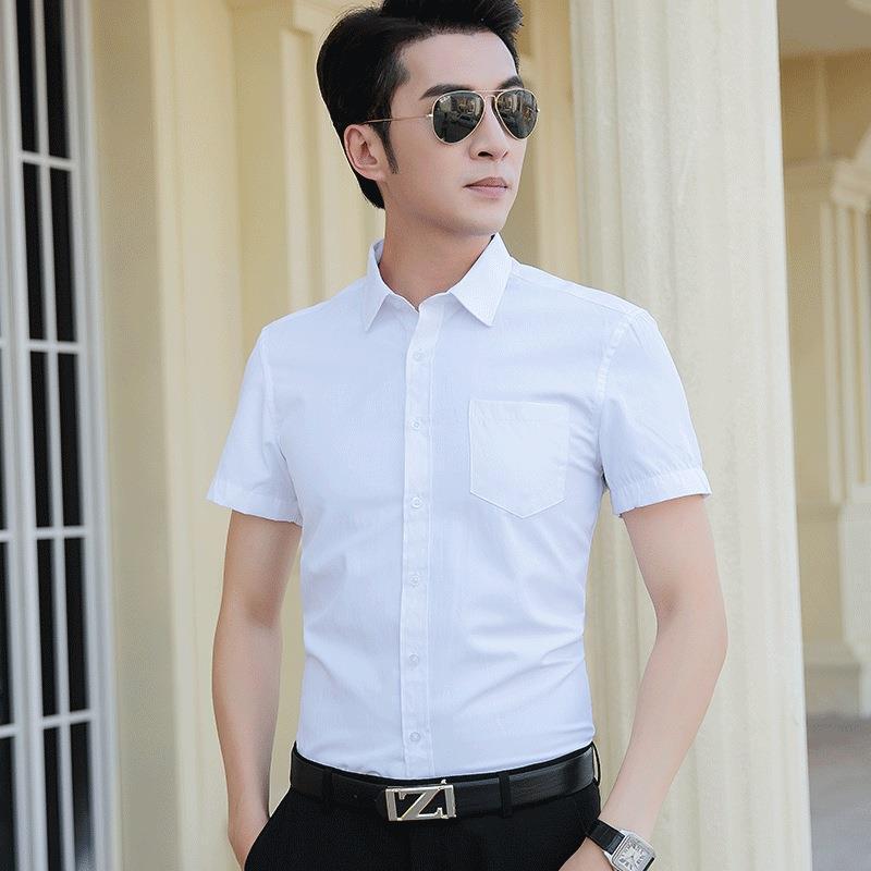Short-Sleeved Shirt Men's 2024 Summer New Business Short-Sleeved Shirt Workplace Youth Pure White Men's Pocket Shirt