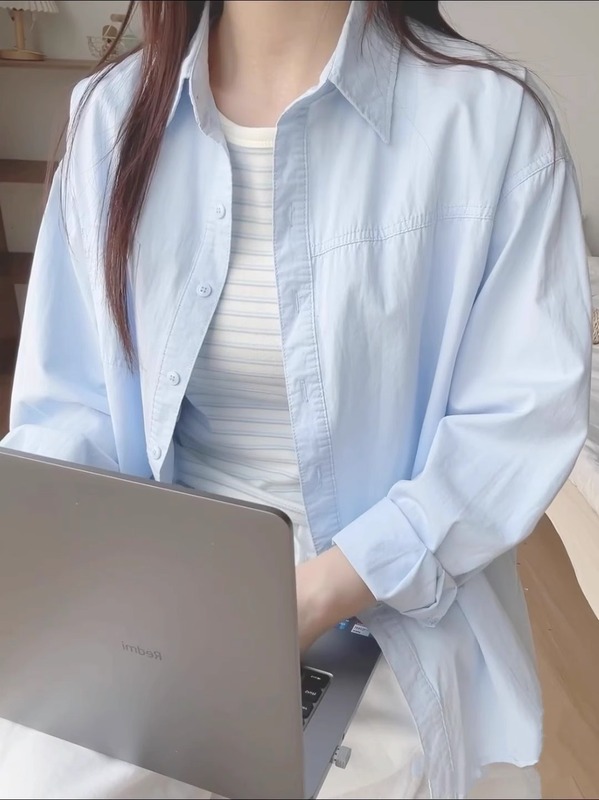 春夏季棉蓝色衬衫通勤穿搭2025新款女薄款长袖衬衣外套防晒衬衣|undefined