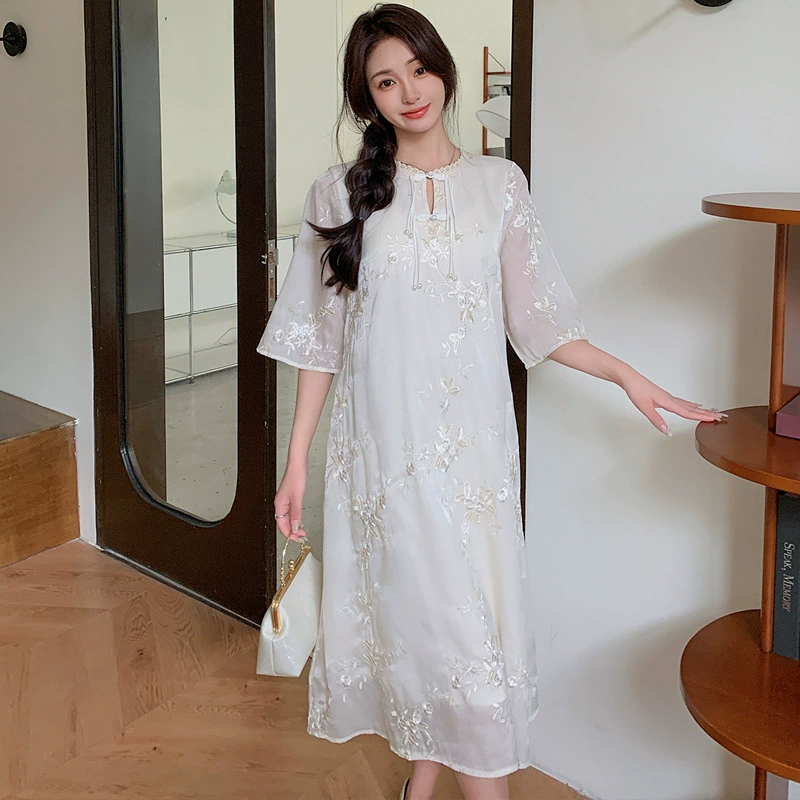 Summer clothing for pregnant, summer light and thin breathable long skirt, dress, Chinese style, with embroidery, loose fit