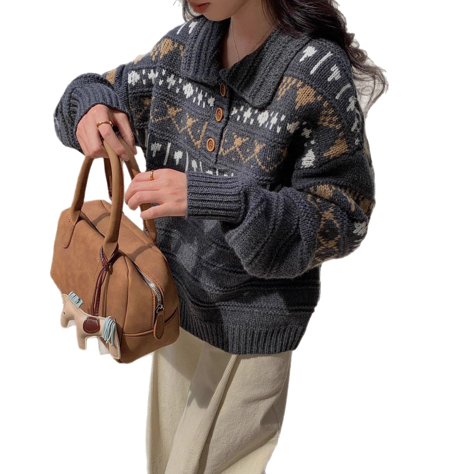 Isla de Fair retro solapa otoño invierno nuevo jersey Jacquard suelta chaqueta de alpaca suave glutinosa suéter mujer image 6