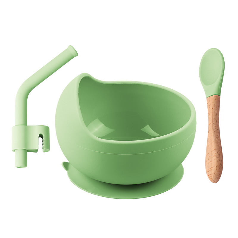 구형 실리콘 그릇 [라이트 그린] + 나무 손잡이 스푼 + 빨대