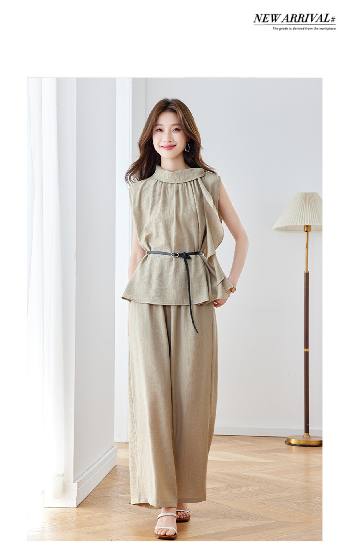 Bộ quần áo nữ hai mảnh áo sơ mi không tay phối quần ống rộng có thắt lưng — Xanh lông mòng đen, màu kaki chi tiết 8