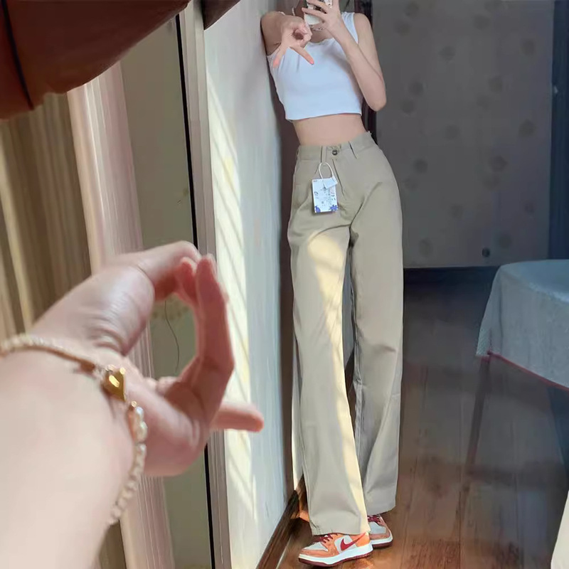 khaki Narrow Straight Jeans Women's 2024 New High Waist Dummy Loose Slim Wide Leg Pants
