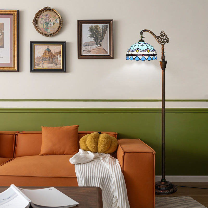 European Tiffany Victorian Style Blue Mediterranean Feather Indoor Lighting Soft Light Arched Gooseneck Floor Lamp