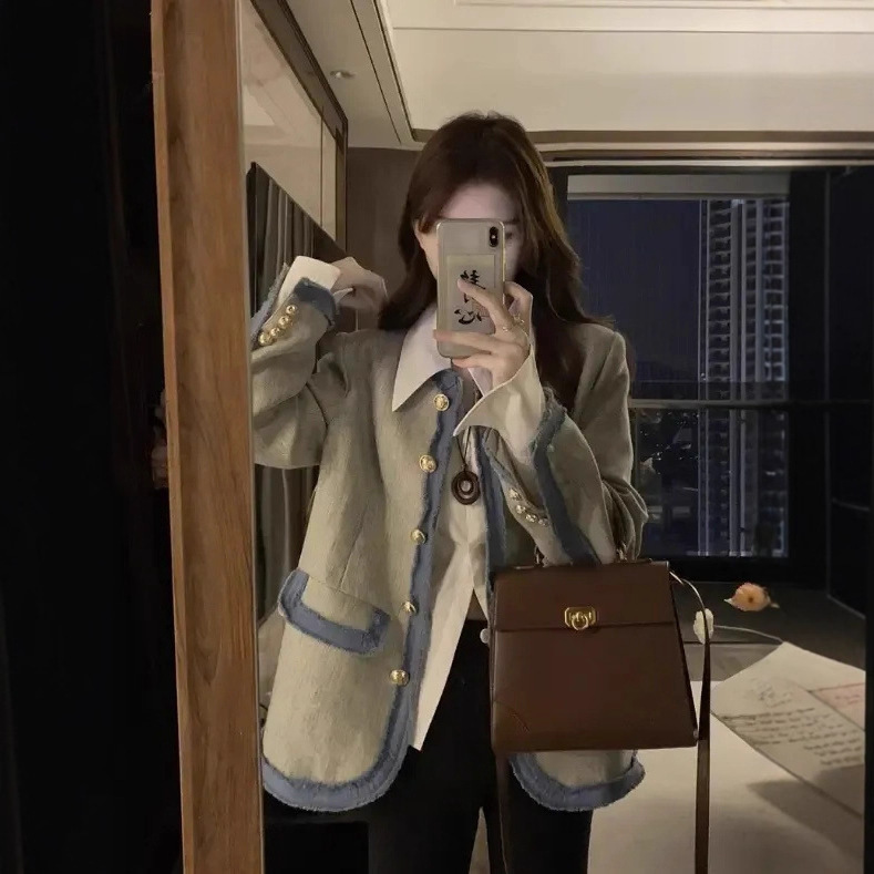 小香风撞色拼接垫肩西装外套女2025秋冬设计感小众气质名媛上衣潮|undefined