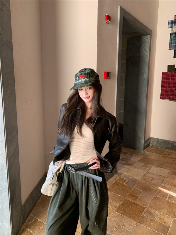 短款皮衣外套女秋冬美式修身显瘦PU复古机车翻领夹克拉链开衫上衣|undefined