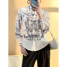 「时里」复古定位印花翻领真丝衬衫设计潮流宽松长袖上衣女 S2227