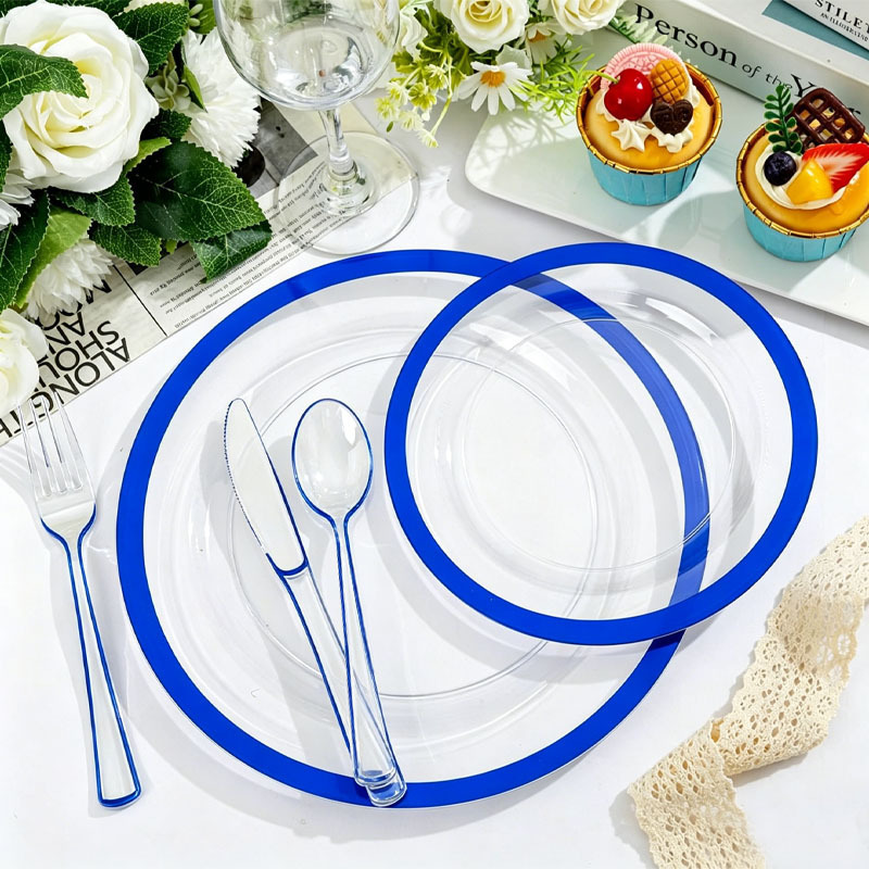 Disposable Transparent Plastic Party Plates Ps Single Blue-Edged Gold-Stamped Dinner Plates for Birthday, Wedding, and Party Tableware Decoration Disposable Transparent Plastic Party Plates Ps Single Blue-Edged Gold-Stamped Dinner Plates for Birthday, Wedding, and Party Tableware Decoration