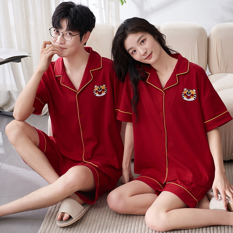 Pijamas para boda y boda traje de pareja Rojo puro algodón hombres y mujeres de manga corta verano amor pareja pijamas verano