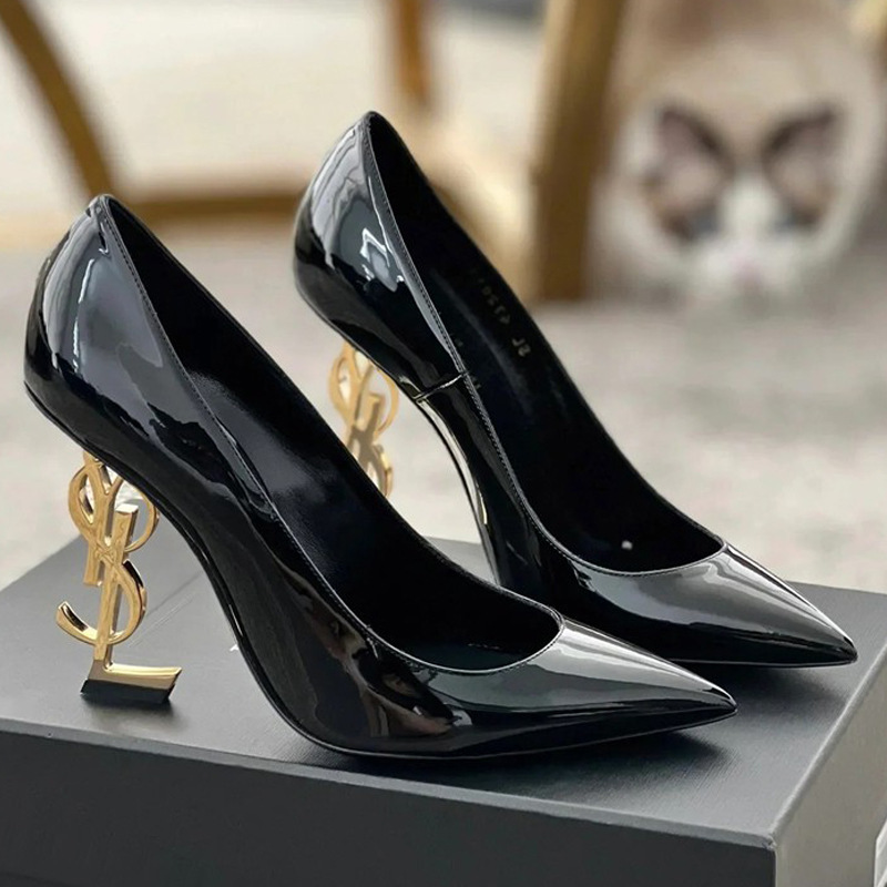 2024 celebrity style black patent leather letter high heel women's shoes shallow mouth fashion sexy pointed stiletto heel single-layer shoes autumn and winter