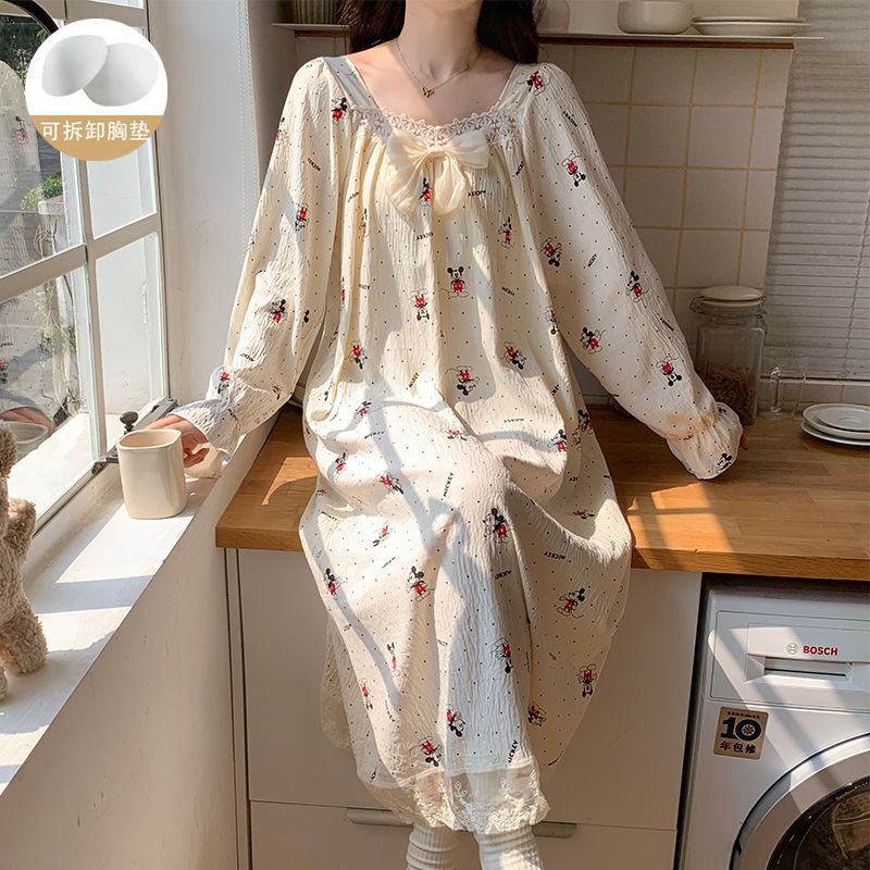 雲の綿のパジャマの女性の春と秋の胸のパッドの長袖の眠りのスカートの甘い王女の風のゆったりしているレースの家の服|undefined